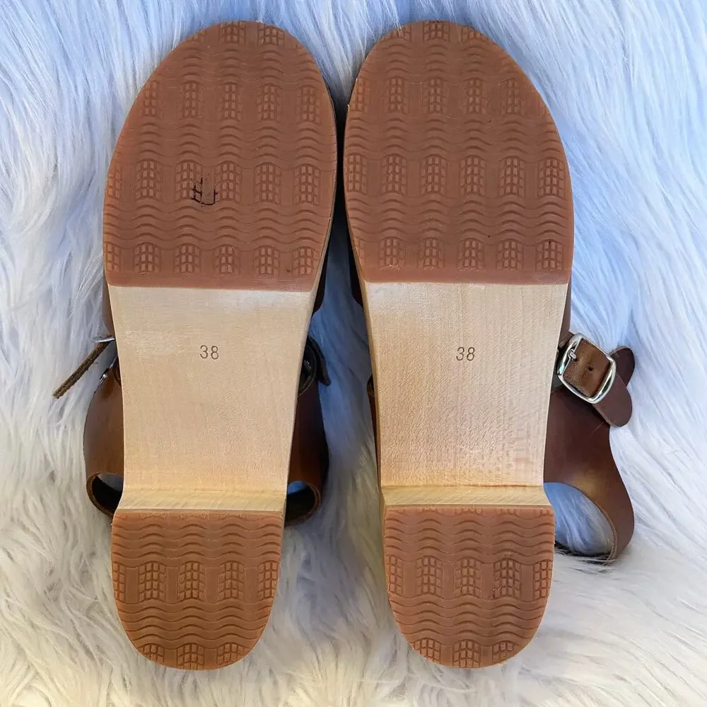 Kurier Charlie Mary Jane Clogs Leather High Heel Block Heel Wooden, Pecan Brown - Picture 12 of 14